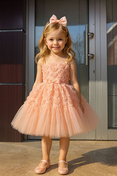 WON KIDS 3D PUDRA SOMON RENGİ GÜLLÜ ÇOCUK ABİYE