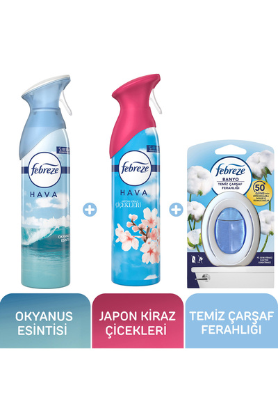 Febreze Hava Ferahlatıcı Okyanus Esintisi + Japon Kiraz Çiçekleri + Banyo Temiz Çarşaf Ferahlığı