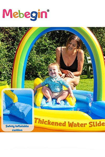 MEBEGIN 220*122*104cm Kiddie Pool, Inflatable Swimming Pool with Water Slide, Kiddie Inflatable Play Center