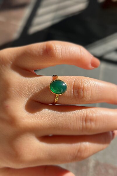 Erer Gümüş Gümüş 10x8 mm yeşil taşlı altın kaplama yüzük