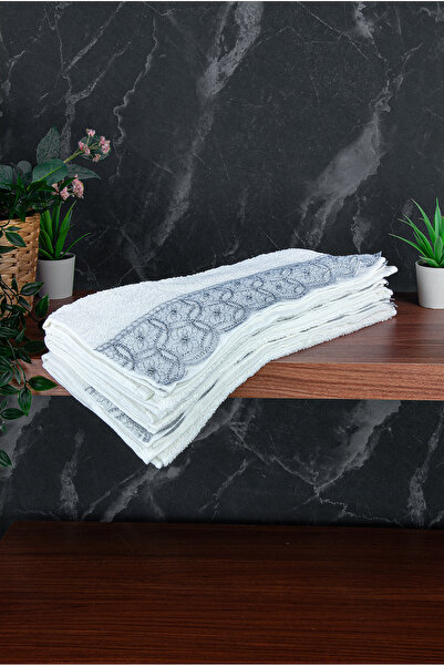 ihvan online Lace Trimmed Luxury 100% Cotton Dowry Set of 6 Hand and Face Towels 40X70 - Gray - 4400