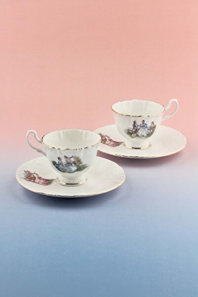 Bursa Porselen Dekor Gold Gilded Markis 2 Person Coffee Cup Set