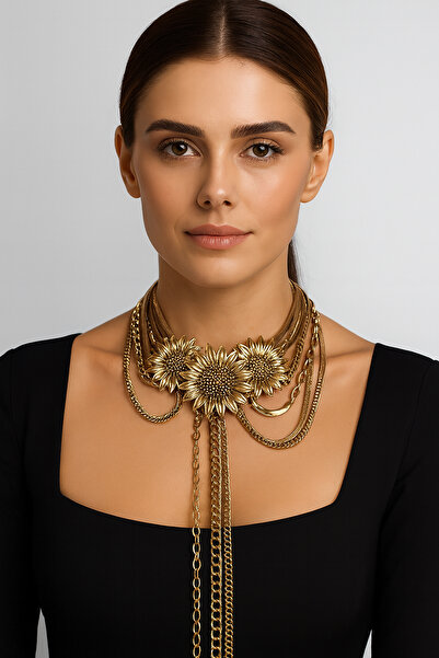 Liveyn Design Vintage Güneş Çiçeği Detaylı Çoklu Zincir Tasarım Kolye