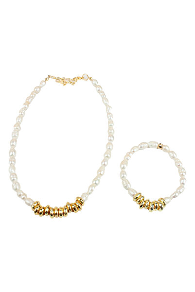 Liveyn Design Gold Detail Real Natural Water Pearl Necklace Bracelet Set