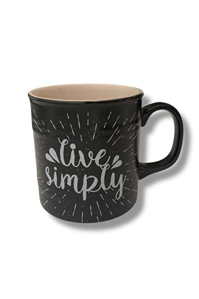 Keramika Barrel Mug 10cm Matte Black Chalked with the Phrase'Live Simply'
