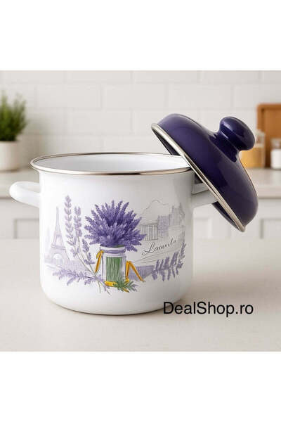 dealshopromania Oală emailată cu capac model Lavandă, 24 cm, 8,2 litri, durabilă și elegantă pentru gătit