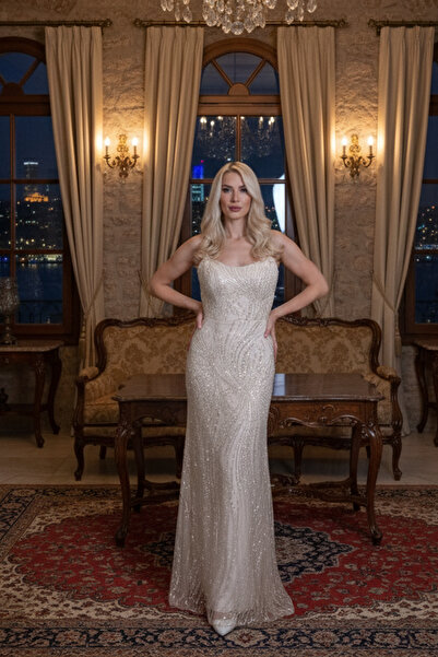 Feminist Taş İşlemeli Uzun Balık Abiye Gold 0801056