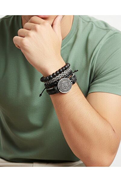 BSN Store Vegvisir Symbol 4-Piece Genuine Leather Bracelet Men's Bracelet Real Leather Bracelet