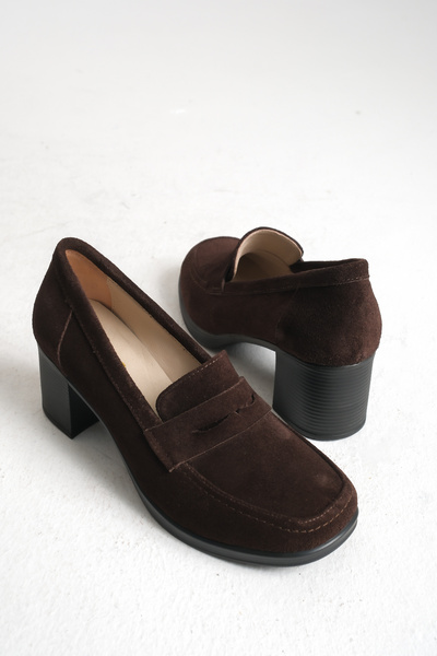 GNS Shoes Elegant Genuine Leather Brown Suede Thick Heeled Loafer Shoes
