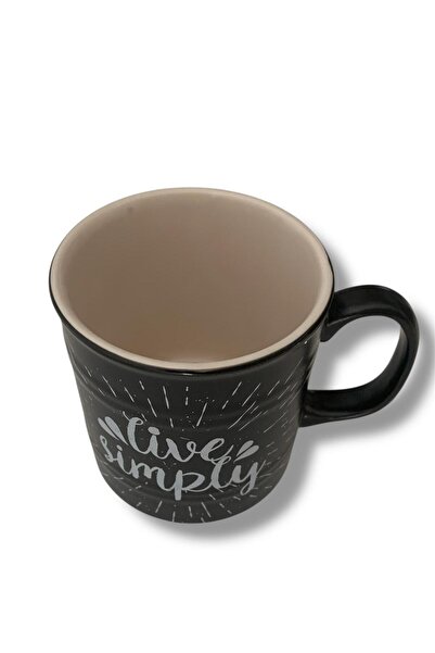 Keramika Barrel Mug 10cm Matte Black Chalked with the Phrase'Live Simply'