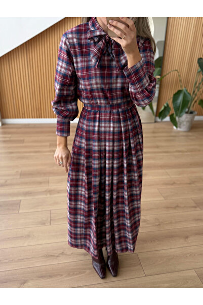 çınarr butikk Fularlı Ekose Desen Elbise