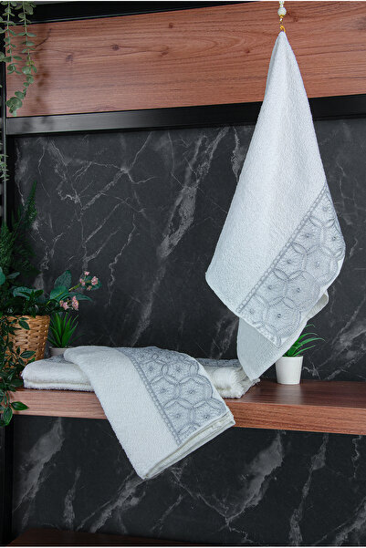 ihvan online Lace Trimmed Luxury 100% Cotton Dowry Set of 6 Hand and Face Towels 40X70 - Gray - 4400