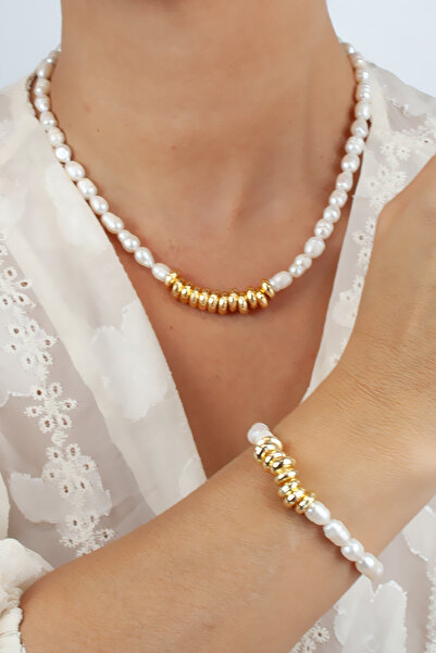Liveyn Design Gold Detail Real Natural Water Pearl Necklace Bracelet Set