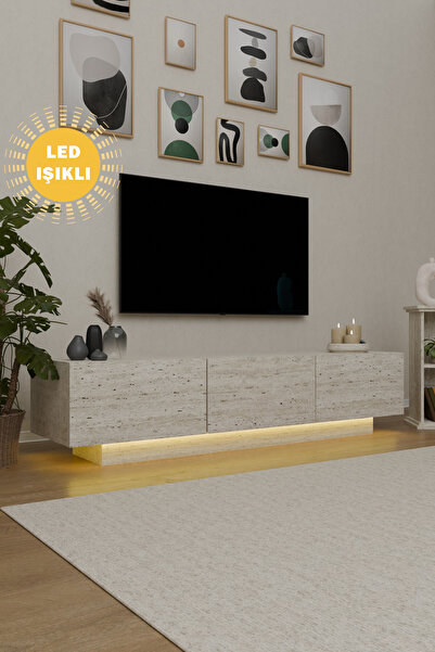 Molnea Bulut Traverten Led Işıklı Tv Ünitesi 3 Kapaklı Tv Televizyon Sehpası
