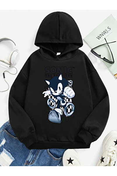 SVART WEAR سويت شيرت سونيك مطبوع مصنوع من القطن بنسبة 100% مع جيب كنغر بغطاء رأس للأطفال