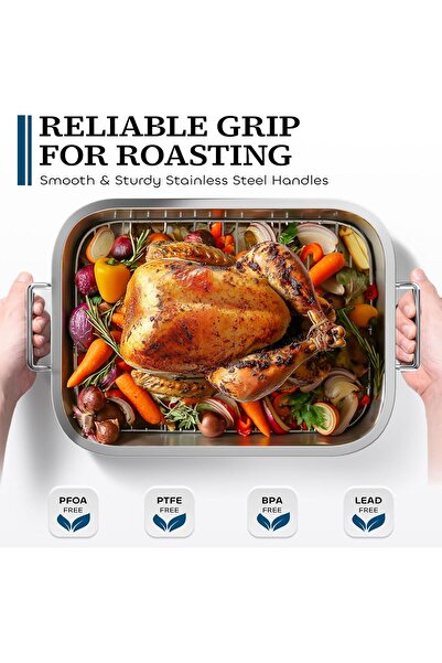 LENND Stainless Steel Roasting Pan with Baking Rack, 39 x 28 x 6 cm