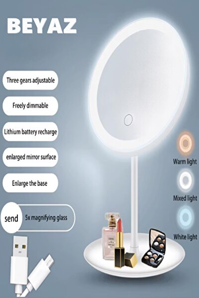 MasterCar Beyaz Renk Led Işıklı Usb Şarjlı Masa Üstü Makyaj Aynası Dokunmatik Makyaj Aynası