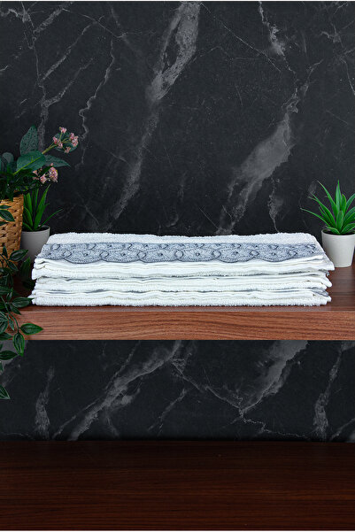 ihvan online Lace Trimmed Luxury 100% Cotton Dowry Set of 6 Hand and Face Towels 40X70 - Gray - 4400