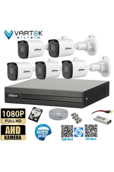 DAHUA 5 Kameralı Full HD 1080P AHD Kayıt Seti + 500GB Hard Disk – İç Dış Mekan Uyumlu