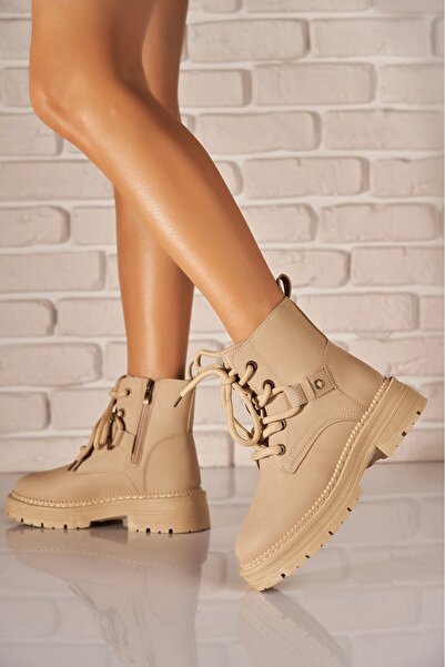 Joana Beige Leather Women's Autumn Ankle Boots