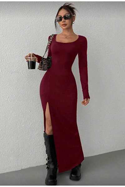 MEGOMEL Siyah Kare Yaka Yırtmaçlı Uzun Kollu Likralı Uzun Elbise