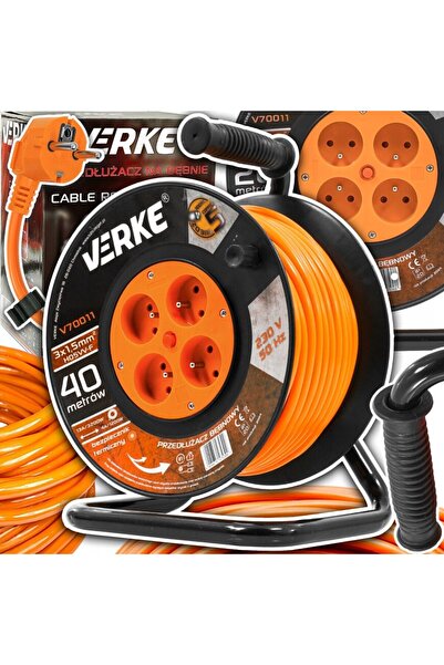 VERKE Cable extension roll with metal frame, 40 meters 3 x 1.5 mm,