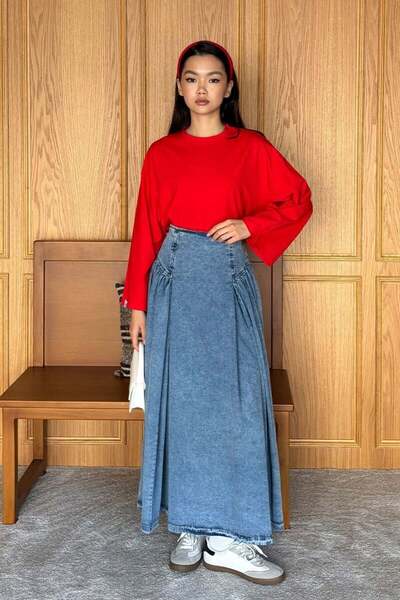 Ceylan Otantik Φούστα Ice Blue Denim με λεπτομέρεια πλισέ