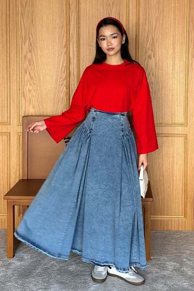 Ceylan Otantik Φούστα Ice Blue Denim με λεπτομέρεια πλισέ