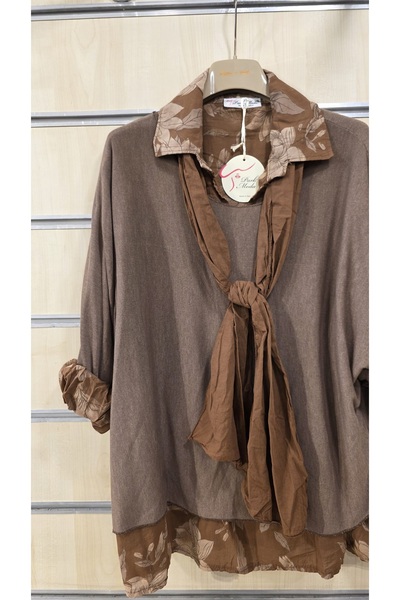 Park Moda Βαμβακερή μπλούζα με φουλάρι και πουκάμισο