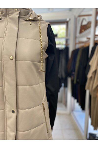 Zühre Almei̇da K Hooded Leather Inflatable Vest Stone Y-0063