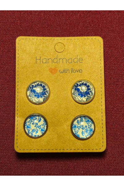 Pawnest Handmade طقم أقراط كابوشون أزرق مكون من قطعتين بنمط زهرة الأقحوان وال...