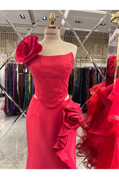 Hanımefendi Giyim Tek Omuz Büyük Gül Detaylı Abiye Elbise