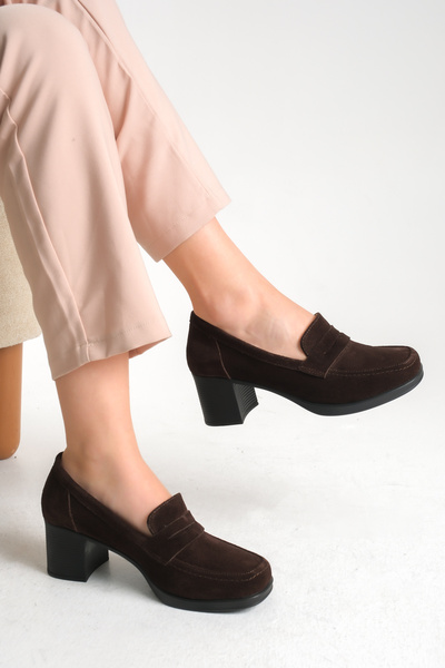 GNS Shoes Elegant Genuine Leather Brown Suede Thick Heeled Loafer Shoes