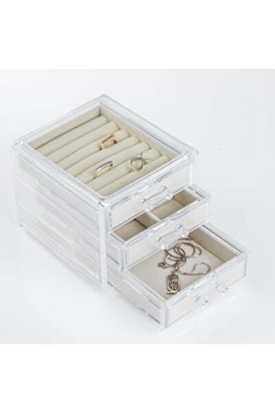 Silver Star Transparent Acrylic Organizer Stand with 3 Compartments Ecru Velvet for Jewelry 12x13.5x10.5c