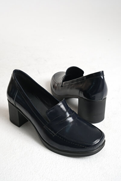 GNS Shoes ELEGANT Γνήσιο δέρμα Παπούτσια με χοντρό τακούνι από λουστρίνι σε μπλε ναυτικό χρώμα