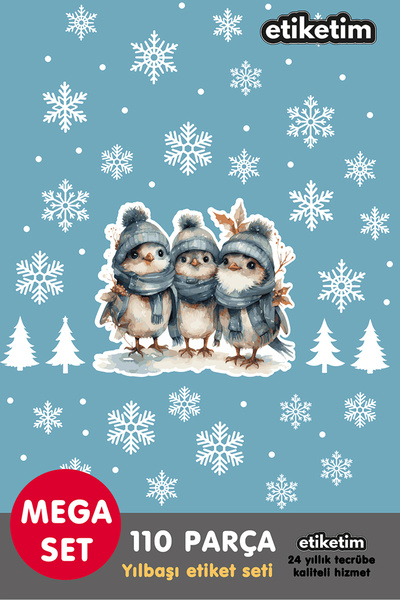 ETİKETİM YILBAŞI YENİYIL 110 PARÇA SEVİMLİ KUŞLAR KAR TANELİ YILBAŞI TEMALI C...
