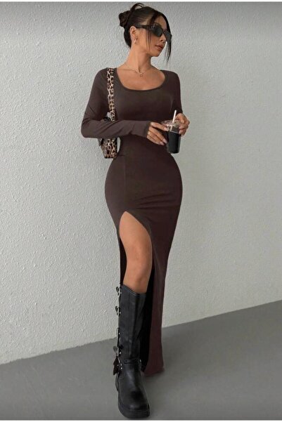 MEGOMEL Black Square Collar Slit Long Sleeve Stretch Fabric Long Dress