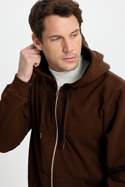 Tudors Unisex Relax Fit Relaxed Cut Βαμβακερό Fleece Εσωτερικό Διπλή Τσέπη Πλήρες φερμουάρ Καφέ Φούτερ με κουκούλα