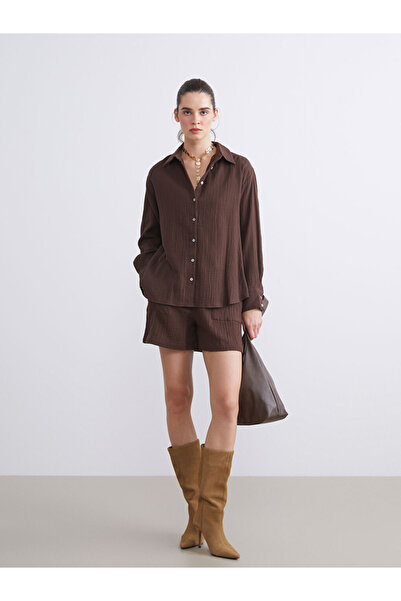LC Waikiki Γυναικείο πουκάμισο με υφή μουσελίνας Vision Brown