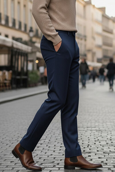 NAZEF Slim Fit Side Pocket 80% Wool Navy Blue Classic Winter Fabric Trousers