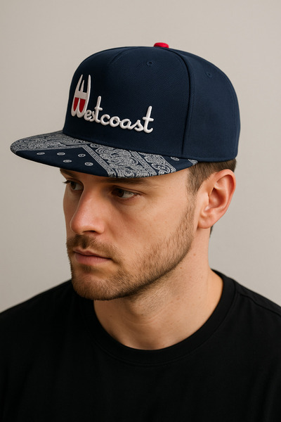 CosmoOutlet Westcoast Вишита синя чоловіча кепка з прямим козирком у стилі хіп-хоп