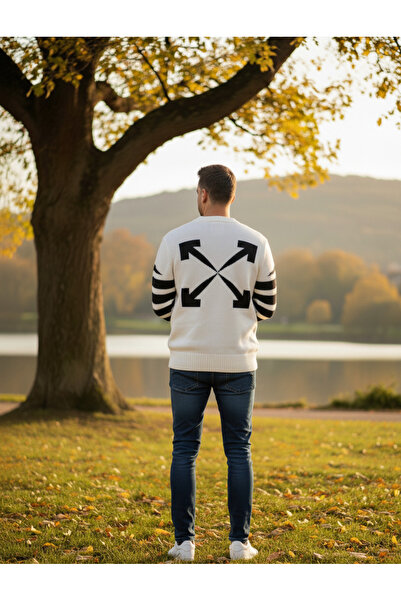 YusGos Men's Half Crew Neck High Quality Sweater with Arrow and Line Detail