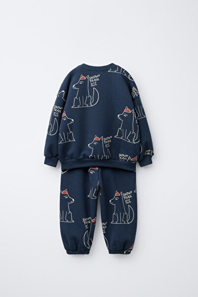 Magu Boy's Cotton Navy Blue Oversized Wolf Patterned Sweatshirt and Sweatpants Set