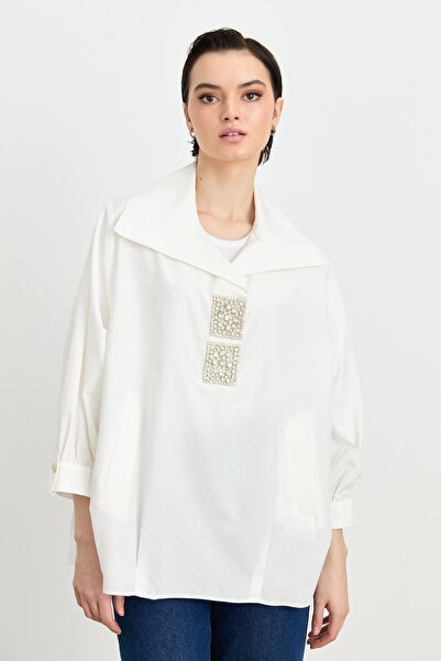 Nihan Kare Taşlı Gömlek Pamuk Tunik Ekru