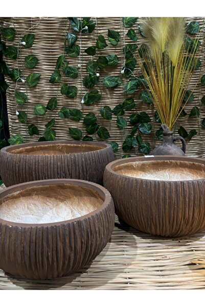 Ekodoğa 3'Lü Çizgili Hafif Beton Aranjman Saksı Seti