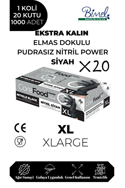 COREFOOD Nitril Siyah Power Muayene Eldiveni XL - 1 Koli-20 Paket-1000'li