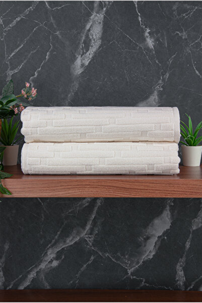 ihvan online Brick Patterned 2-Piece Foot Towel - 50X70 cm - Water Absorbent Bath Mat Set - White