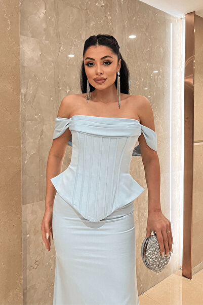 giyimmasalı Satin Fabric Balen Detailed Evening Dress - Baby Blue