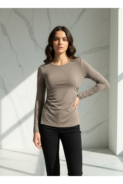 Sagre&Sisters Beli Büzgülü Belden Oturtmalı Yandan Yırtmaçlı Vizon Rengi Kadı...