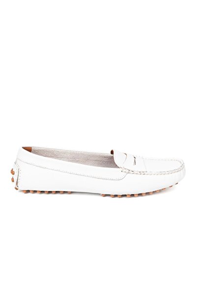 VİVENS MODA Women's white genuine leather driver loafer shoes